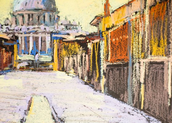 Sunset in Rome. View of San Pedro. Cities of my dreams series. Small oil pastel drawing bright colors italy