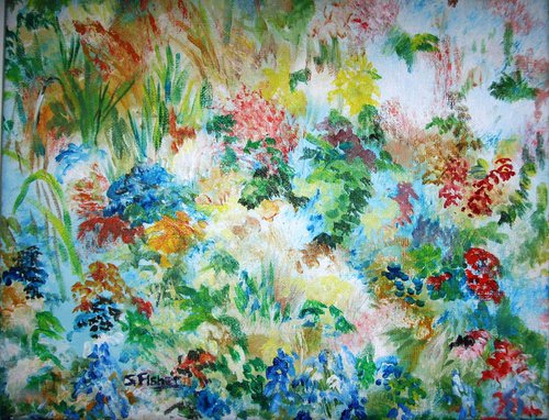 pinks and blue flowers in the grassy border by Sandra Fisher