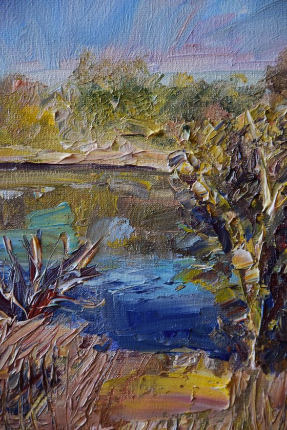 Forest river original oil painting on canvas, spring landscape, trees scenery