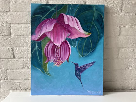 Flower and hummingbird. Oil painting, original art