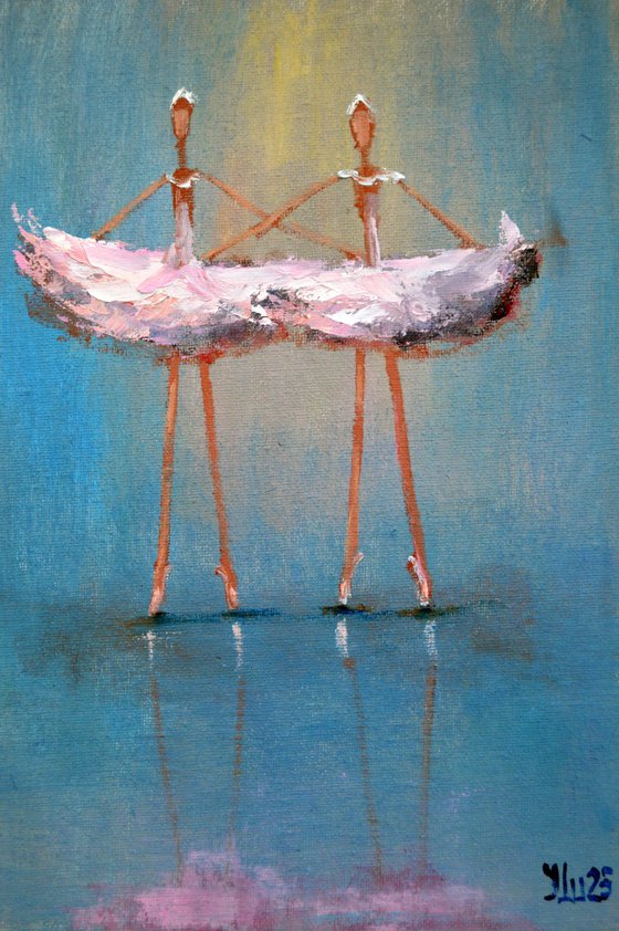 2 Funny pink ballerinas. Miniature impasto.