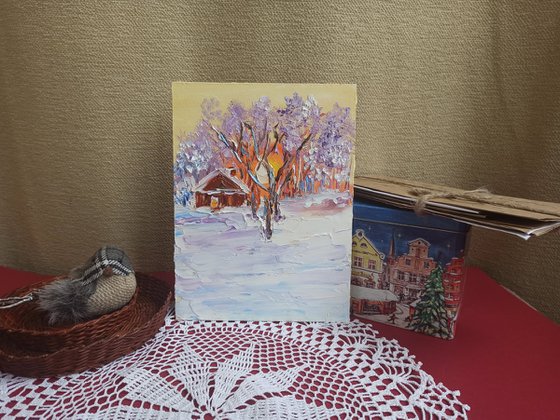 House in the winter forest at sunset Painting
