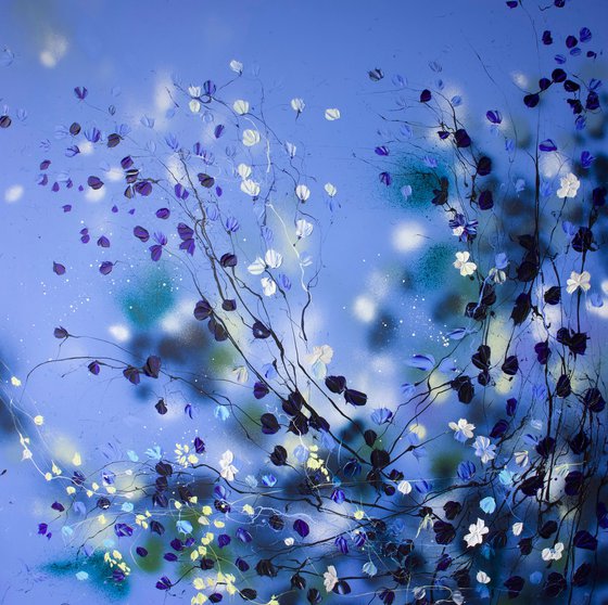 "Sapphire Blooms” textured floral artwork