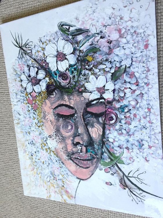 Zen Part I Face Portrait Calm Feel Floral Artwork For Sale Original Flower Painting On Canvas Ready to Hang Gift Ideas Acrylic Paintings Buy Art Now Free Delivery 40x50cm