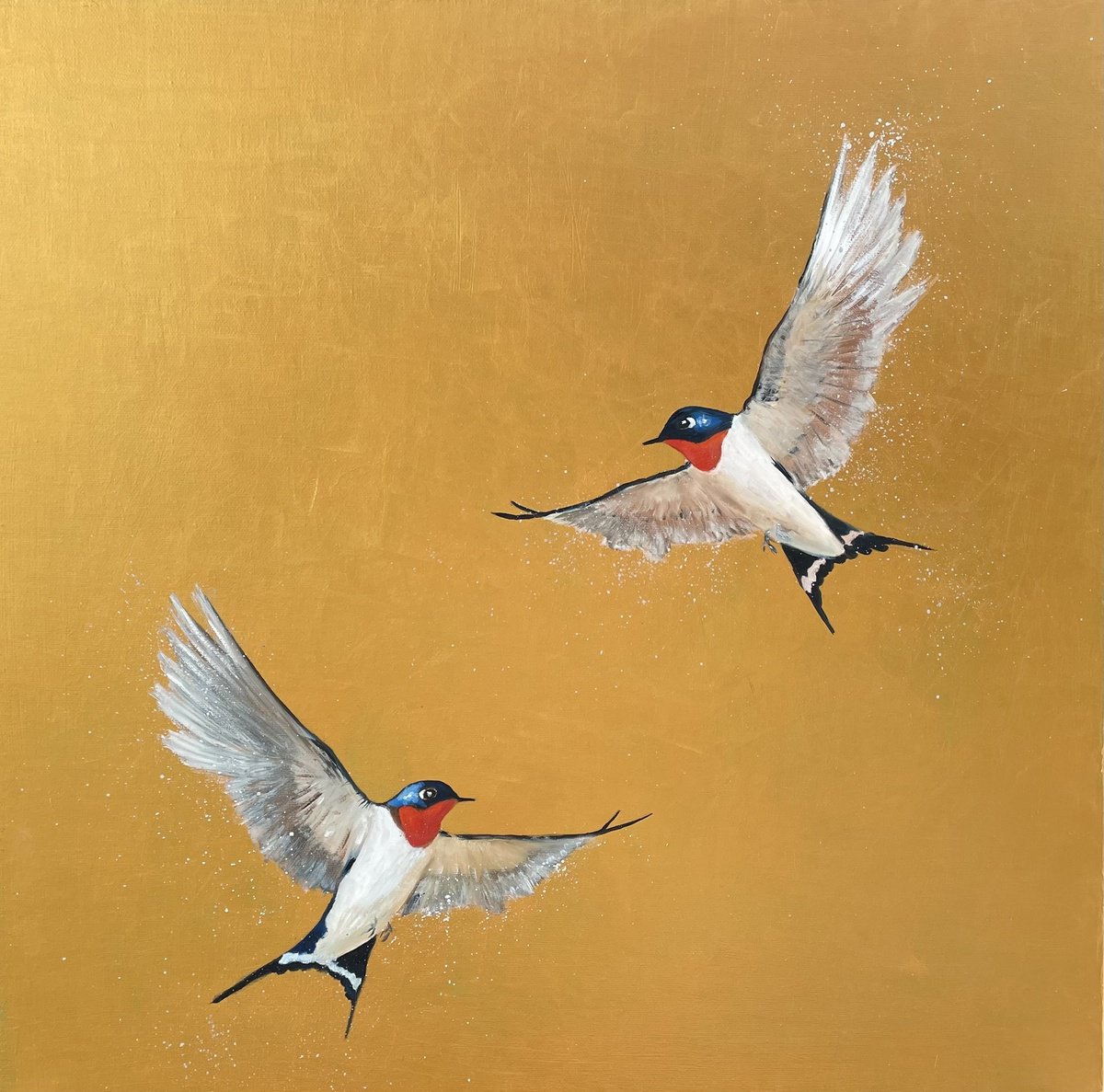 Impressionistic Animal Painting By Laure Bury, 20 X 20", Two Swallows On Gold, Original Artwork