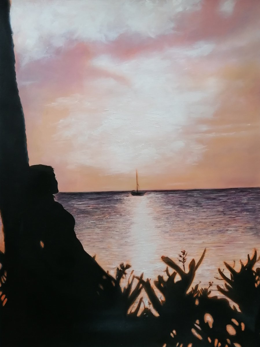 Photorealistic Landscape Oil Painting By Nelaart, 24 X 31", Girl And Ocean, Original Artwork