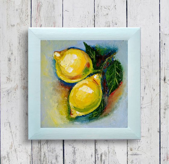 Lemon Painting Original Art Fruit Artwork Citrus Wall Art Small Square Kitchen Decor