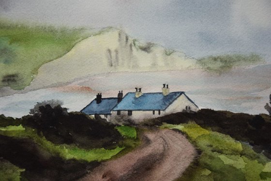 England rainy landscape original watercolor painting, Seascape with houses