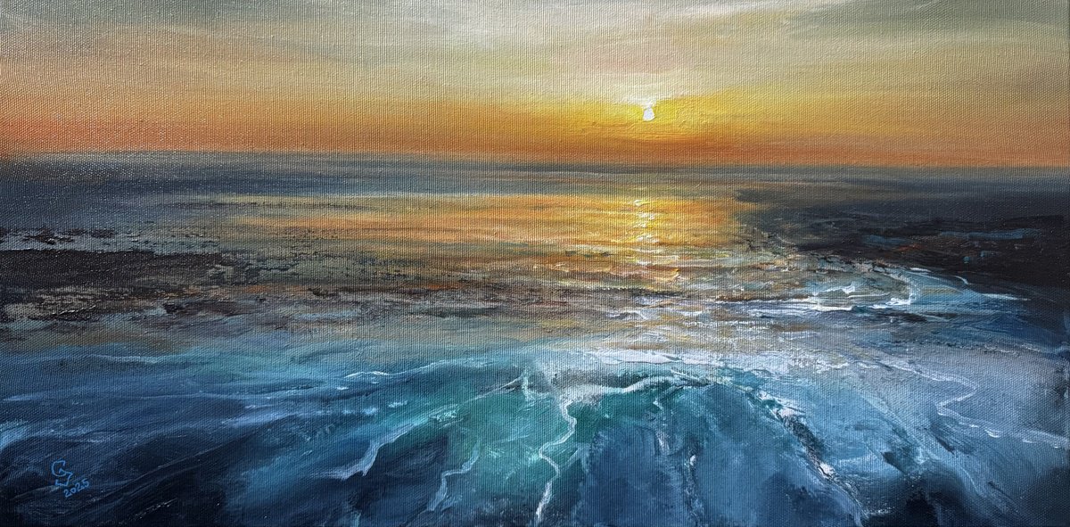 Abstract Landscape Acrylic Painting By Ivan Grozdanovski, 26 X 14, Evening Sky - 2, Original Artwork