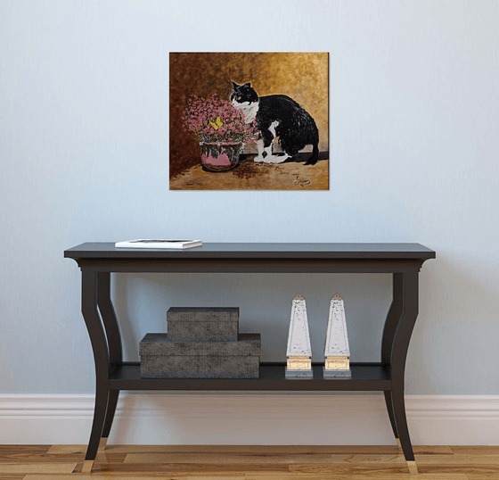 cat, flowers and butterfly
