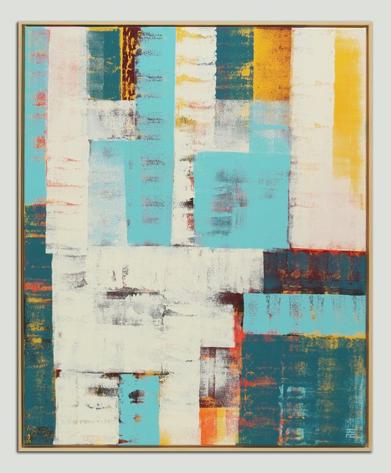 Vertical Abstract Painting - Incl Frame - Untitled in Yellow- 95x115cm - Ronald Hunter - 16J
