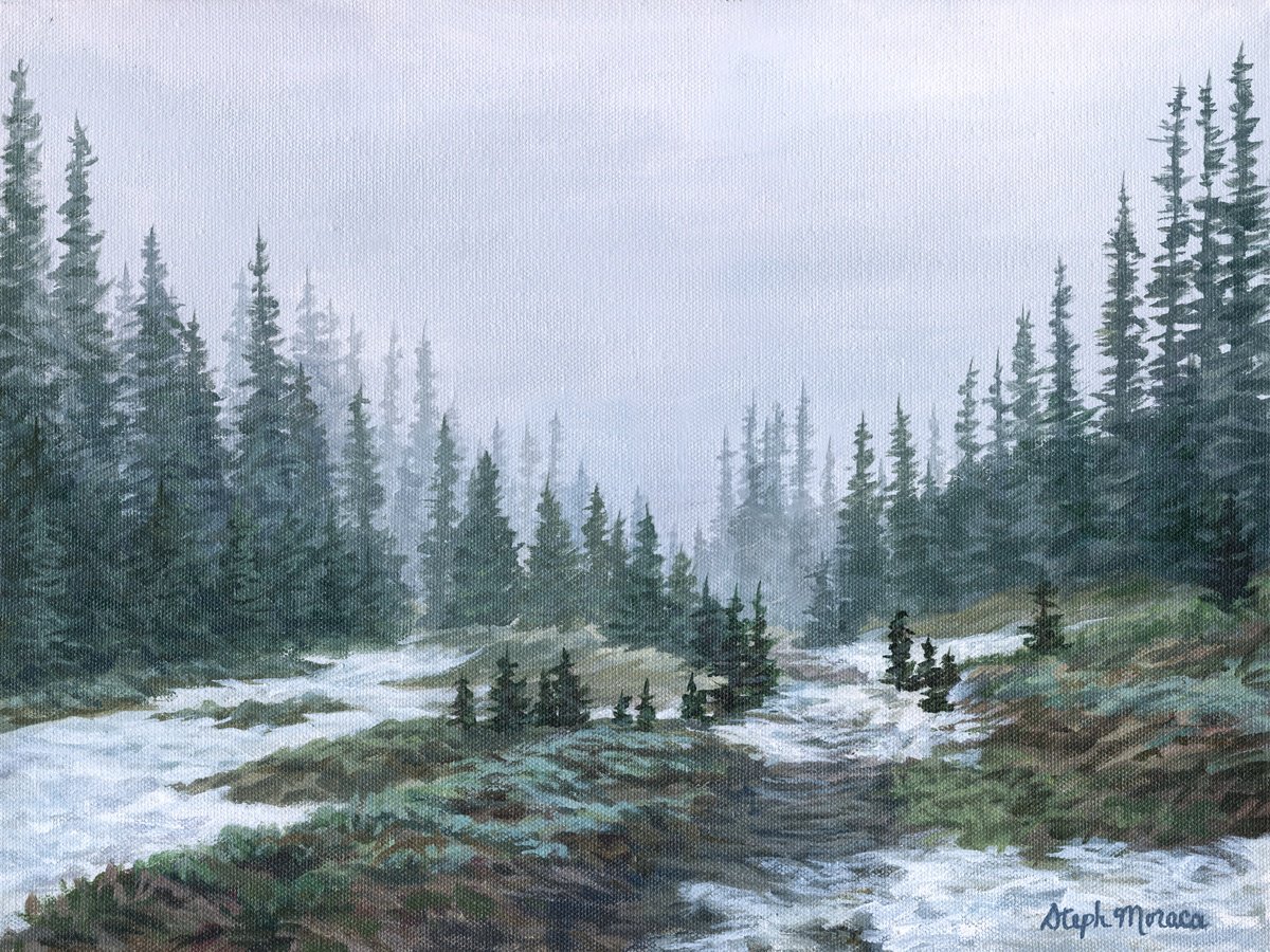 Photorealistic Landscape Acrylic Painting By Steph Moraca, 16 X 12", Moody Mountain Path, Original Artwork