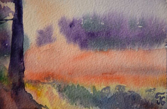 Sunset in the forest Small watercolor painting