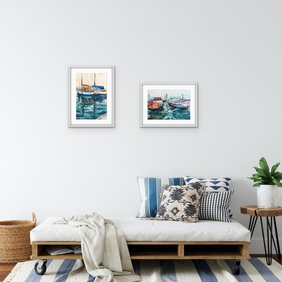Set of two paintings. Reflections of yachts at sea. Original watercolor artworks.