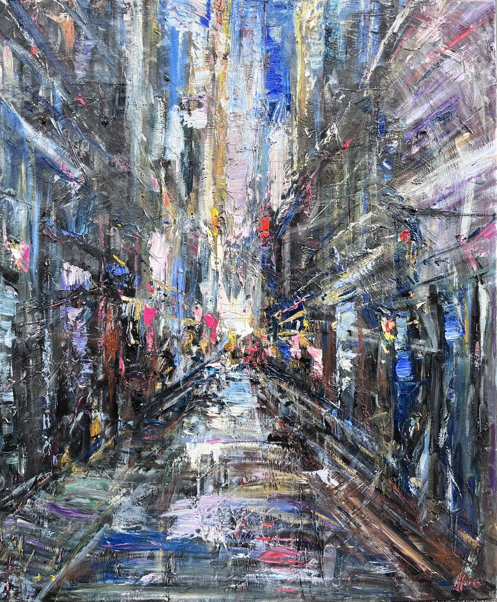 Abstract Oil Painting By Altin Furxhi, 37 X 44, Abstract City Lights 90X108, Original Artwork