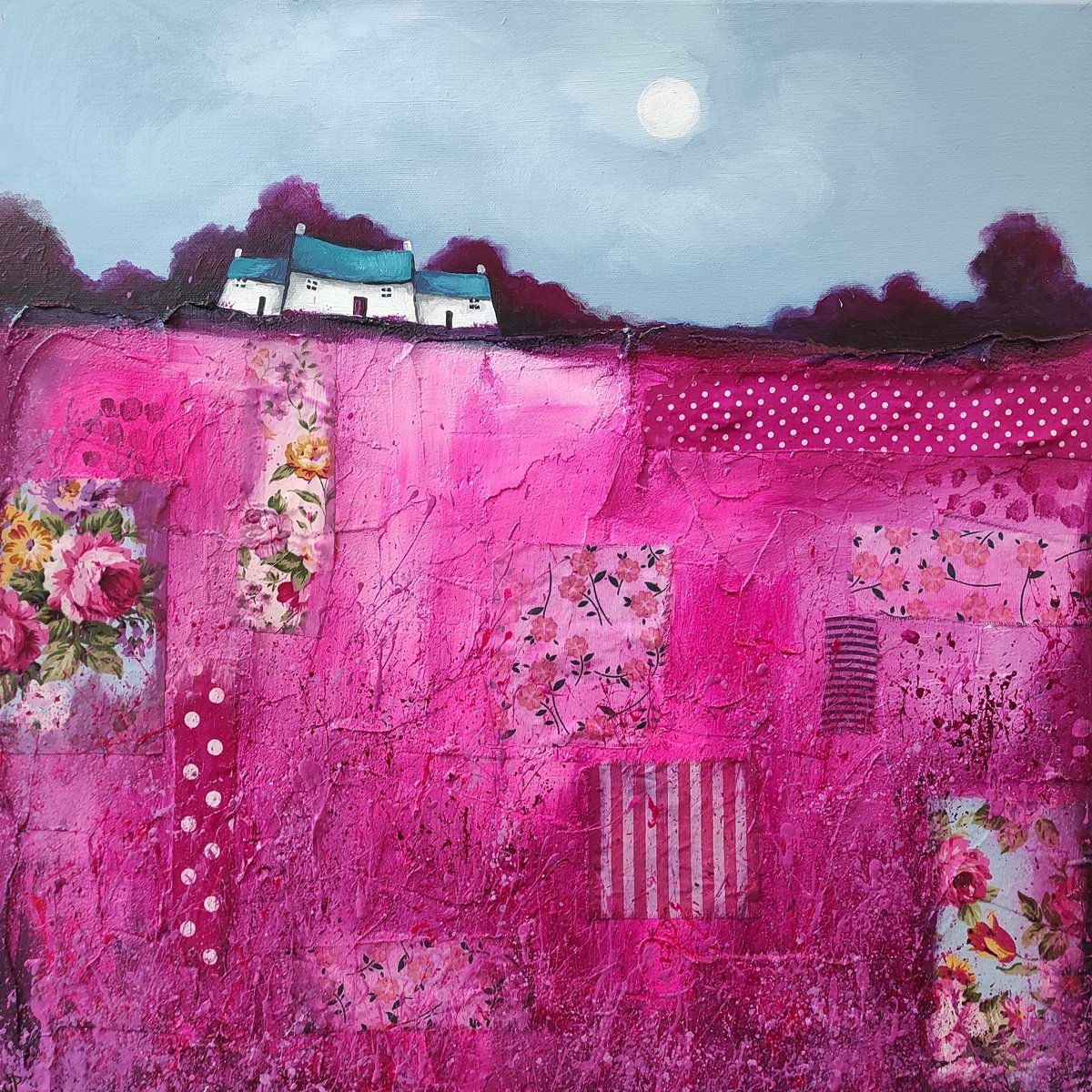 Little house on magenta pink patchwork field by Jane Palmer Art