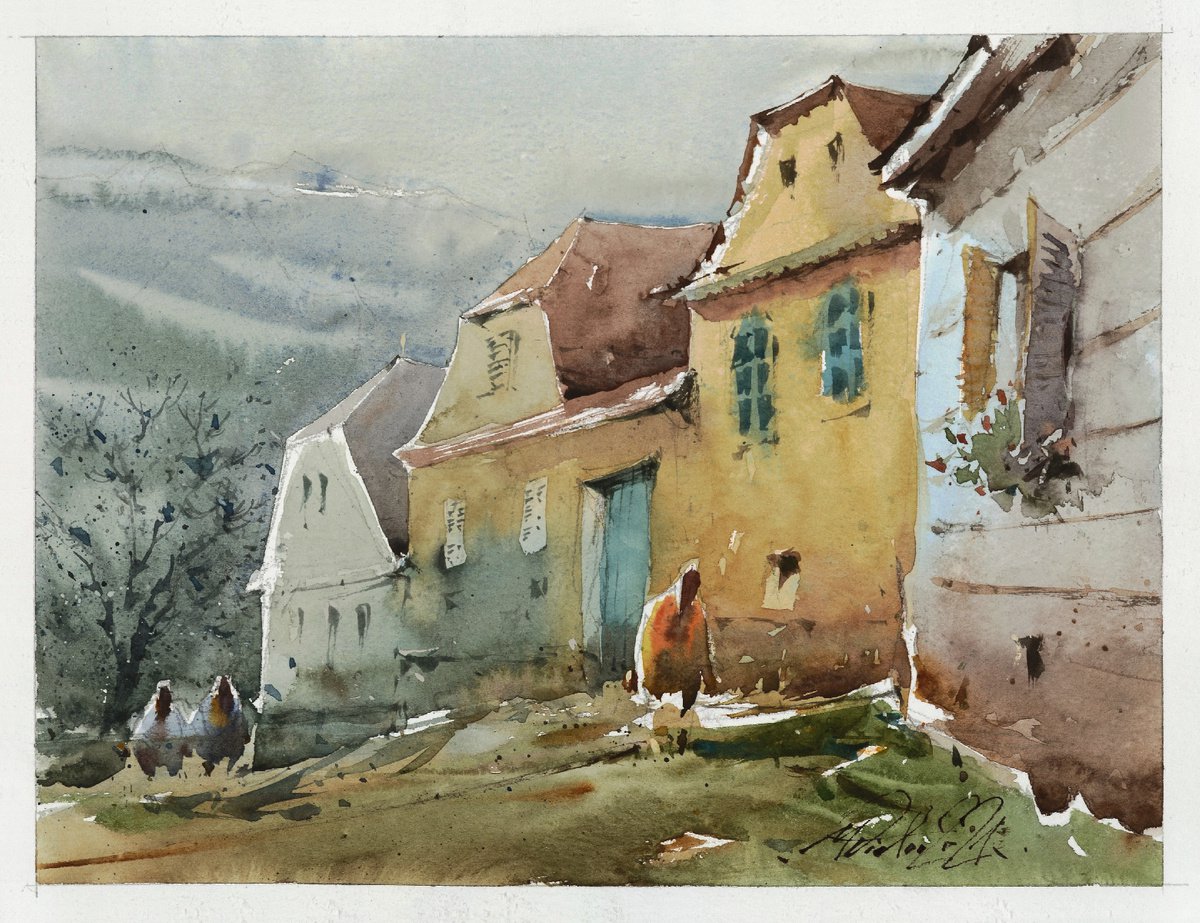 Rural Saschiz in Transylvania, watercolor on paper, 2021 by Marin Victor
