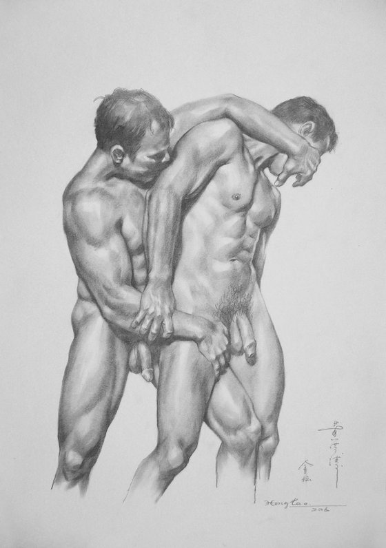 original art drawing charcoal male nude gay men on paper #16-5-19-01