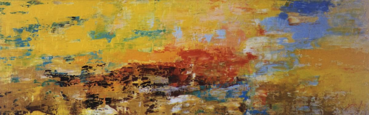 Abstract Landscape Oil Painting By Saroja Van Der Stegen, 53 X 18", Yellow Ref:362-60Mm, Original Artwork