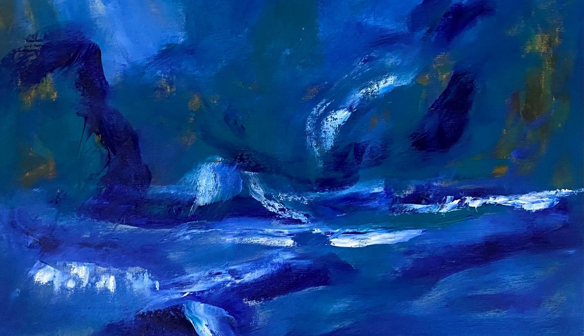 Expressive Abstract Oil Painting By Deepa Kern, 19 X 16, Moonlit Flow, Original Artwork