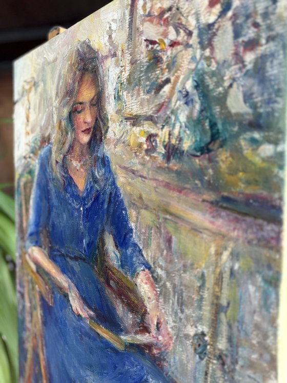 Woman in a blue dress