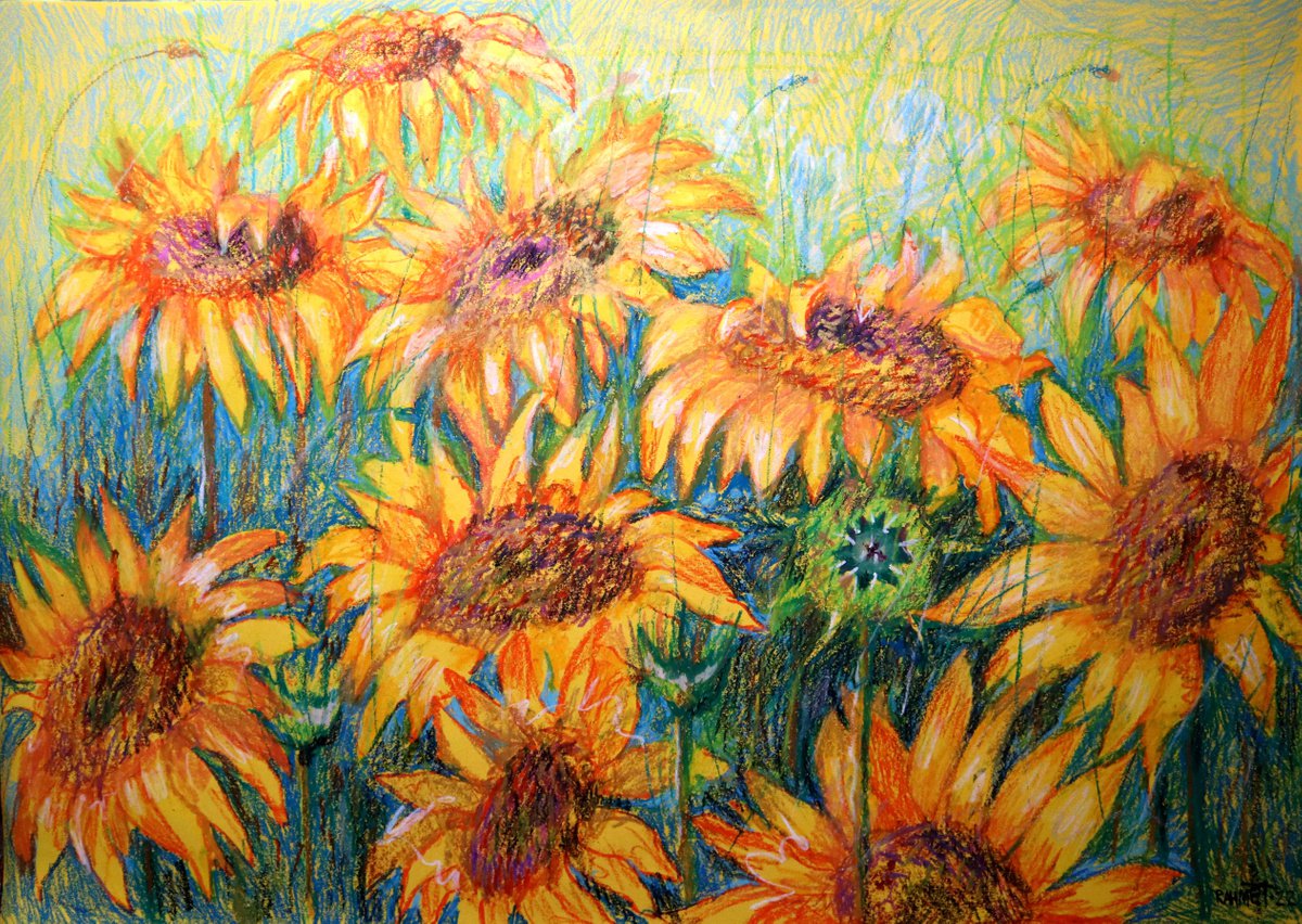 Impressionistic Botanical Acrylic Painting By Rakhmet Redzhepov, 34 X 24", My Sunflowers, Original Artwork