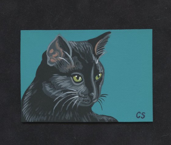 ACEO ATC Original Miniature Painting Black Cat Pet Art-Carla Smale