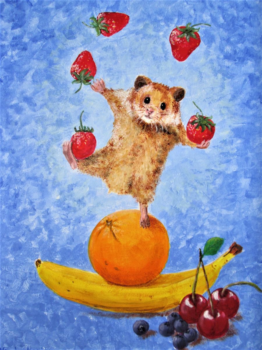 Hamster and Fruit Still Life framed acrylic painting by MARJANSART