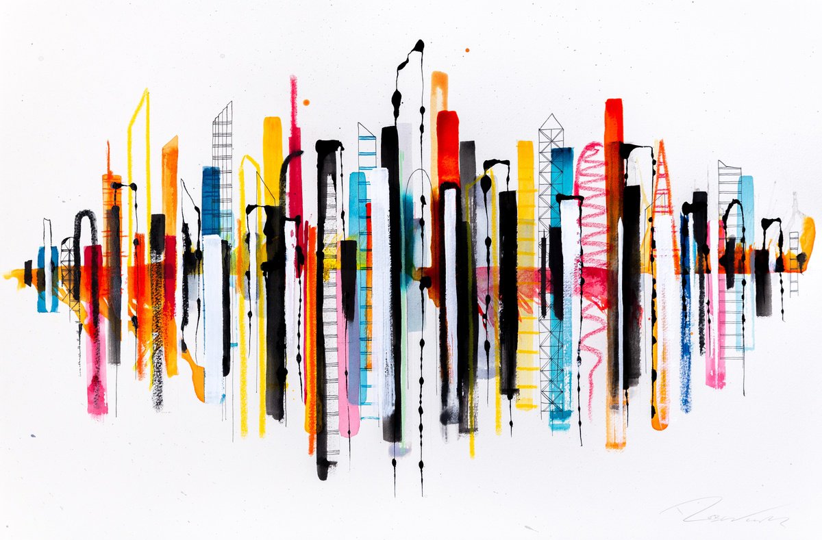 Graphic Cityscapes Watercolour By Rob Wass, 24 X 16", Cityscape 58, Original Artwork