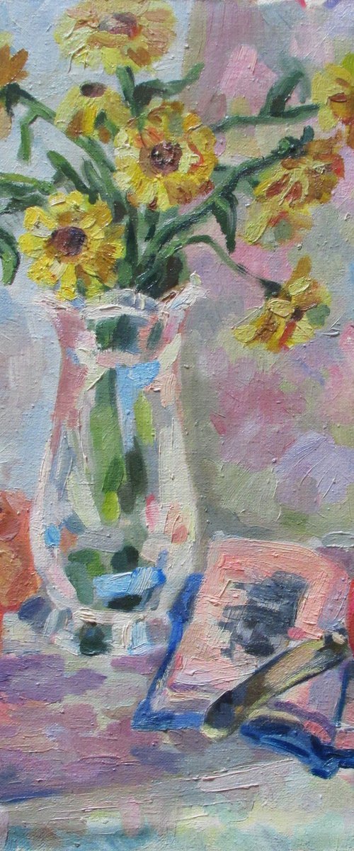 Still life painting with yellow flowers by Kateryna Bortsova