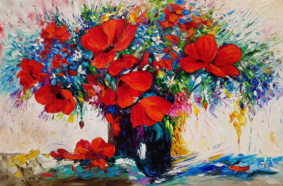 Red poppies in the vase (120x80cm, oil painting, palette knife)