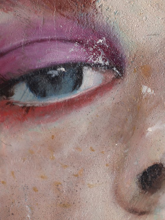 Oliva - pink lips woman female portrait blue background oil on paper