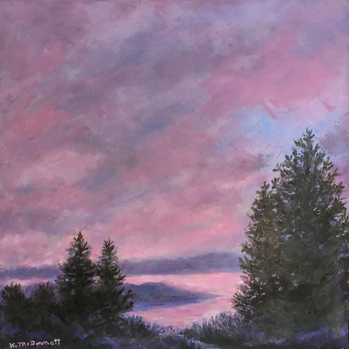 Impressionistic Landscape Oil Painting By Kathleen Mcdermott, 14 X 14", Misty Pinks, Original Artwork