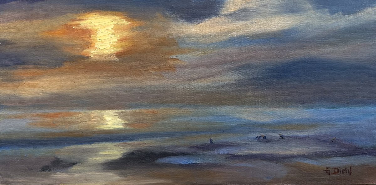 Impressionistic Landscape Oil Painting By Grace Diehl, 12 X 6, Under The Sunset, Original Artwork