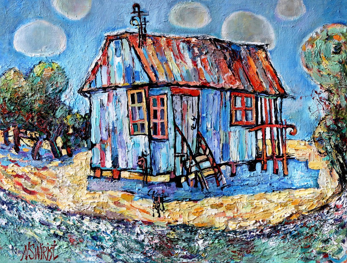 Impressionistic Landscape Oil Painting By Nikifor Swiristuhin, 21 X 16", House By The Sea., Original Artwork