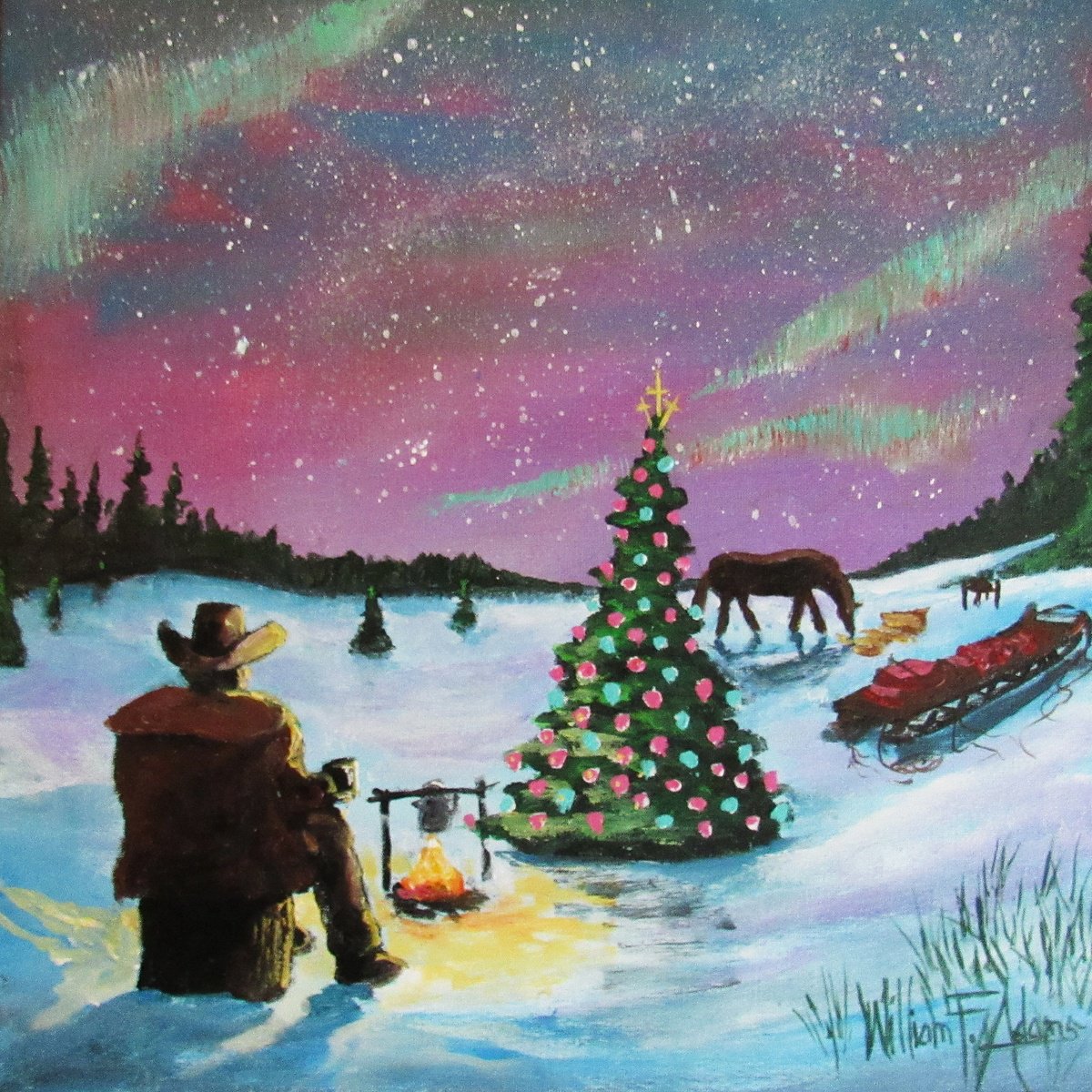 Impressionistic Landscape Acrylic Painting By William F. Adams, 14 X 14", " Holy Night!", Original Artwork