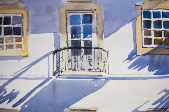 Winter Shadows. Faro, Portugal. Small original painting minimalistic impressionism light shadow interior decor detail summer bright white