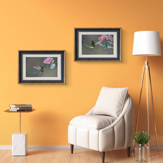 Colibri Flowers Diptych Pastel