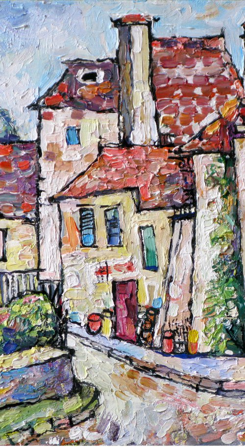 Street, poplars and roofs. by Nikifor Swiristuhin