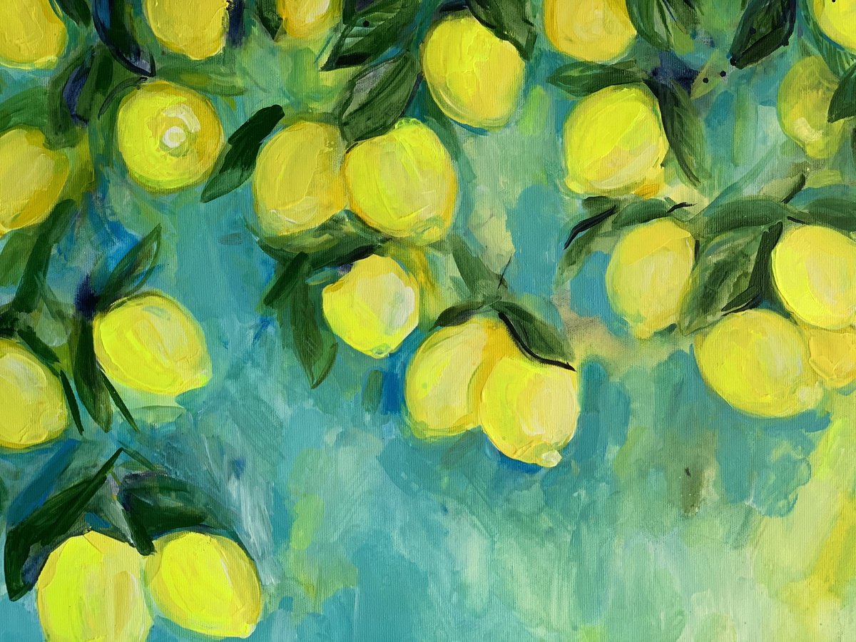 Impressionistic Botanical Acrylic Painting By Olga Pascari, 28 X 20", Lemon Tree, Original Artwork