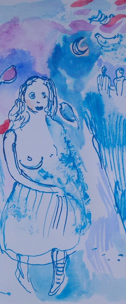 Woman and the bird, 15X21 cm ink drawing and painting by Aurelija Kairyte-Smolianskiene