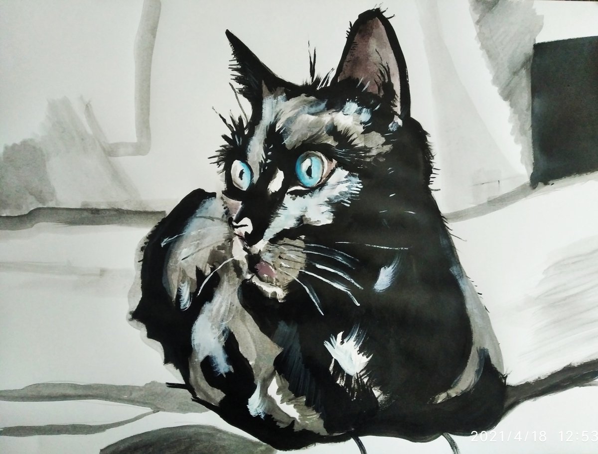 Photorealistic Animal Acrylic Painting By Soso Kumsiashvili, 33 X 24", Black Cat, Original Artwork