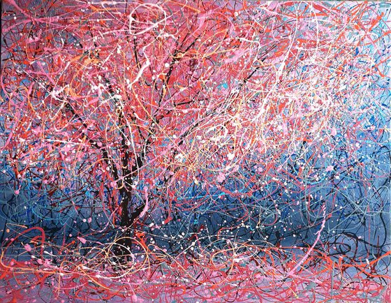 Cherry Blossom Spring cherry Pink tree Abstract sakura painting - READY TO HANG - 27" x 35" / 70 x 90cm. Japan Painting