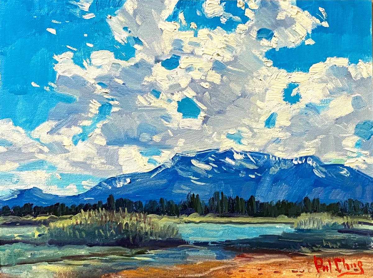 Impressionistic Landscape Oil Painting By Paul Cheng, 12 X 9", Blue Sky And White Clouds, Original Artwork