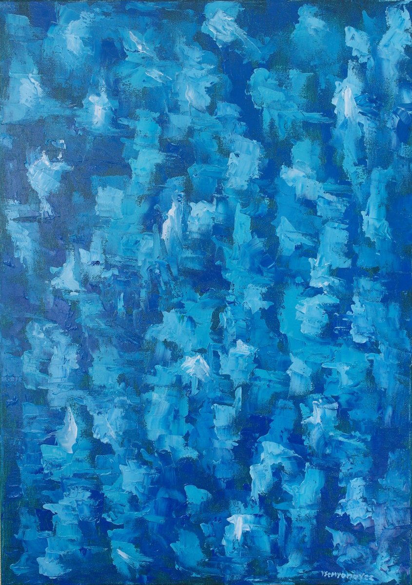 Organic Abstract Oil Painting By Juri Semjonov, 20 X 28", Spring Blue Impression, Original Artwork