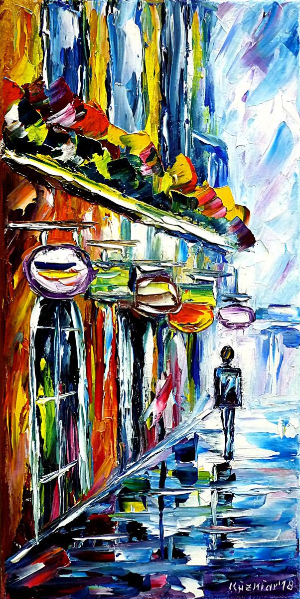 Expressive Cityscapes Oil Painting By Mirek Kuzniar, 8 X 16", City Walk, Original Artwork