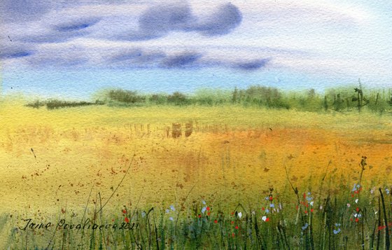 Forget-me-nots original watercolor artwork bright colors  field landscape with flowers , decor for bedroom, gift for mother