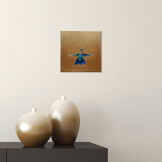 Hummingbird on gold acrylic painting