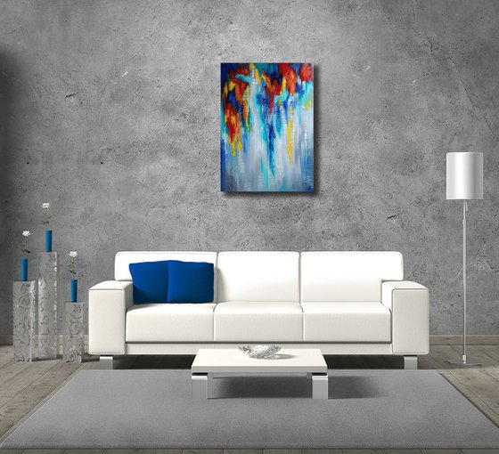 Cold melancholy and warm inspiration - abstraction, oil, original oil painting on canvas, red and blue colors