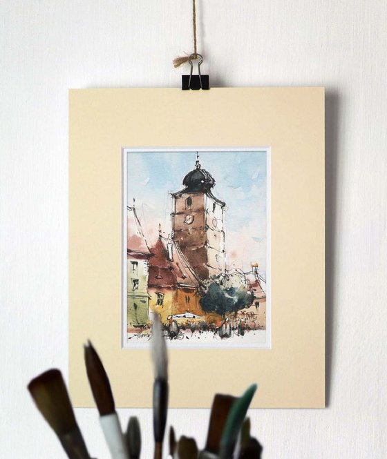 Sibiu, urban watercolor and ink painting.